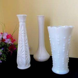 3 Vintage Milk Glass Vases:Hobnail, Staburst …
